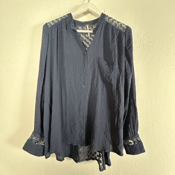 Free People Womens Navy Blue Lace-Back Button-Up Blouse Top Small Long Sleeve - Picture 1 of 7